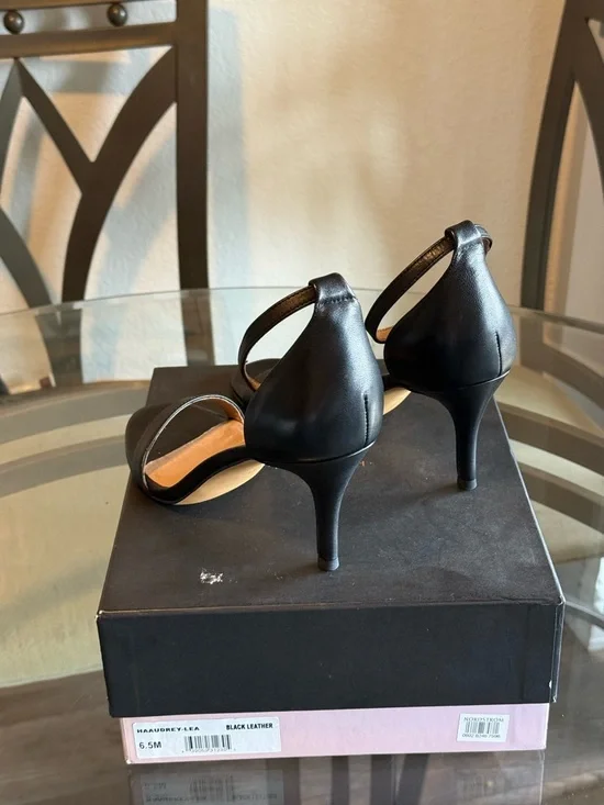 Women's Black Leather Ankle-Strap Heels - Picture 4 of 7
